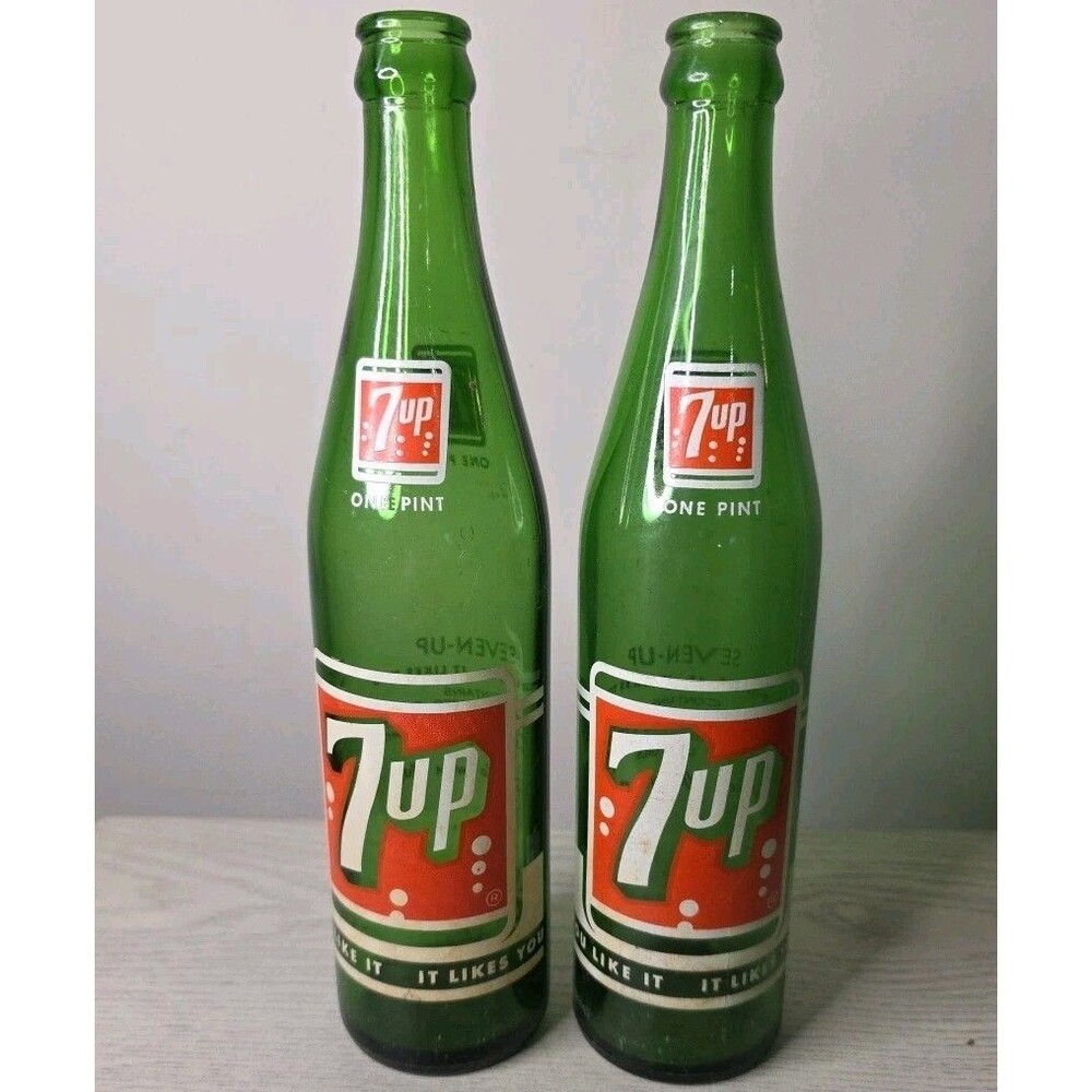 TWO- 7Up Seven Up You Like It It‎ Likes You Pint Bottle 16oz, 67/68 Era